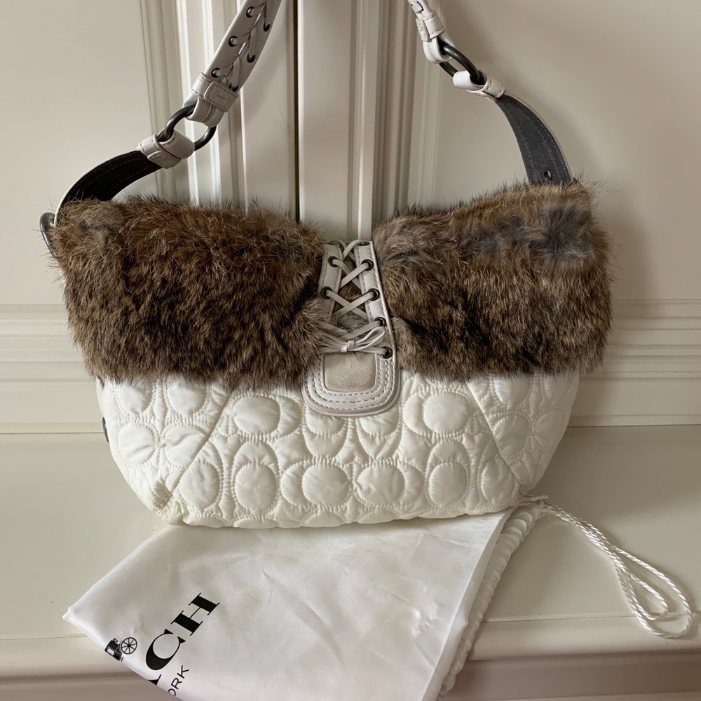 Coach White Nylon Rabbis Fur Hobo-9443 - Picture 4 of 11